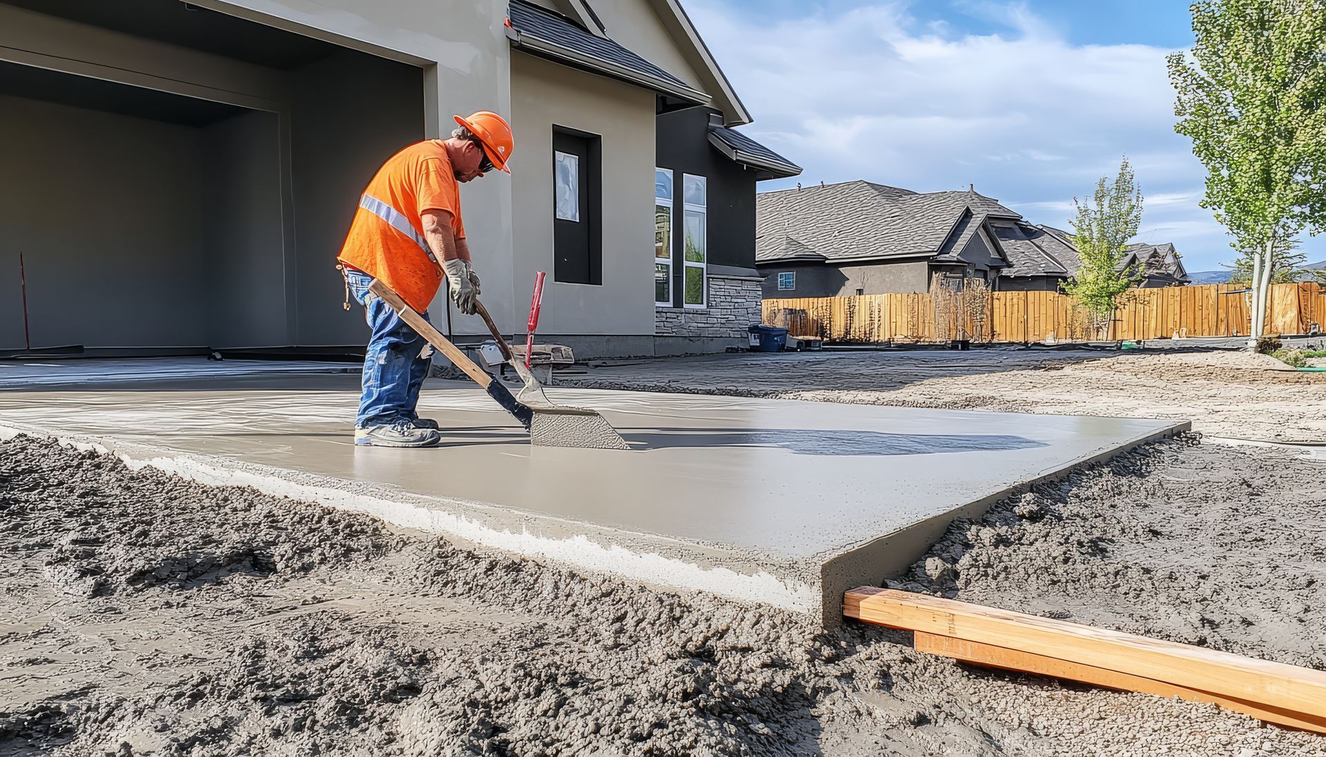 A man is spreading concrete on a driveway in front of a house.