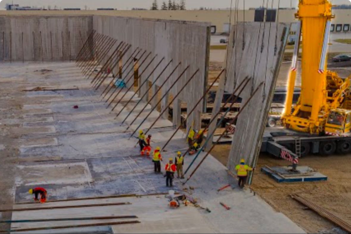 A group of construction workers are working on a large concrete wall.