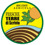 Logo per Fresche Terre di Scrivia: cerchio giallo con testo, campi, foglia e frutto arancione.