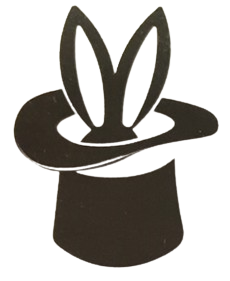 A black and white silhouette of a top hat with bunny ears on it