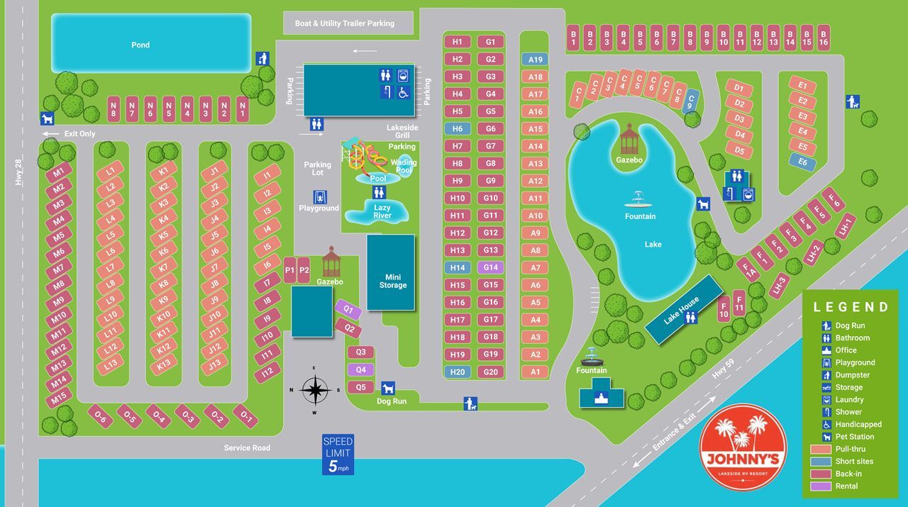 Johnny Lakeside RV Resort Campground Map