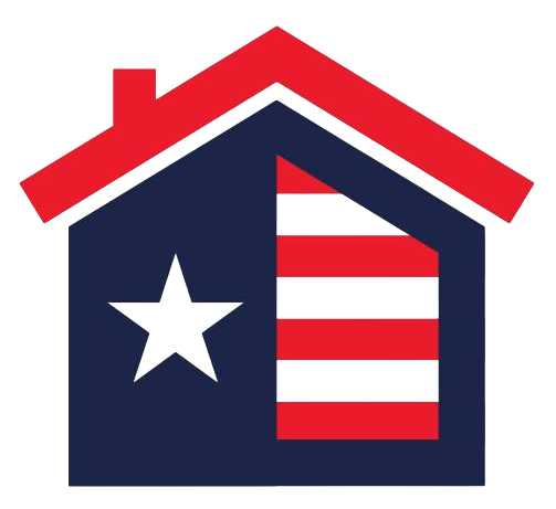 House logo with blue and red American flag theme, white star, red roof.