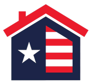 House logo with blue and red American flag theme, white star, red roof.