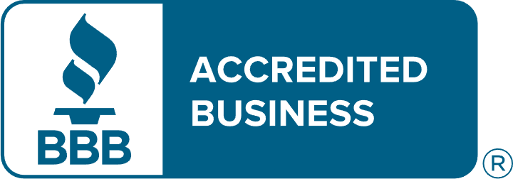 BBB Accredited Business logo, blue and white. Contains flame-like shape, and 