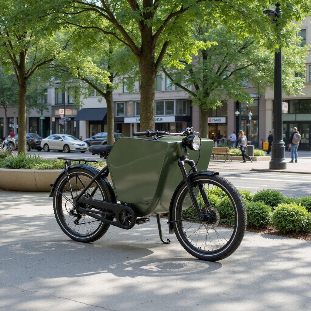 Vélo cargo électrique vert garé sur une place en briques avec des bâtiments et des arbres en arrière-plan.