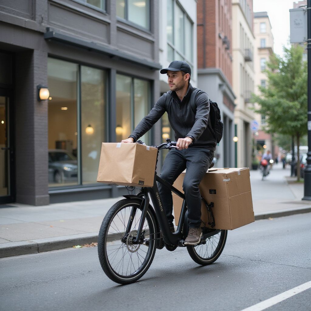 Un homme sur un vélo noir livre des colis en milieu urbain. Il porte une casquette et des vêtements noirs.