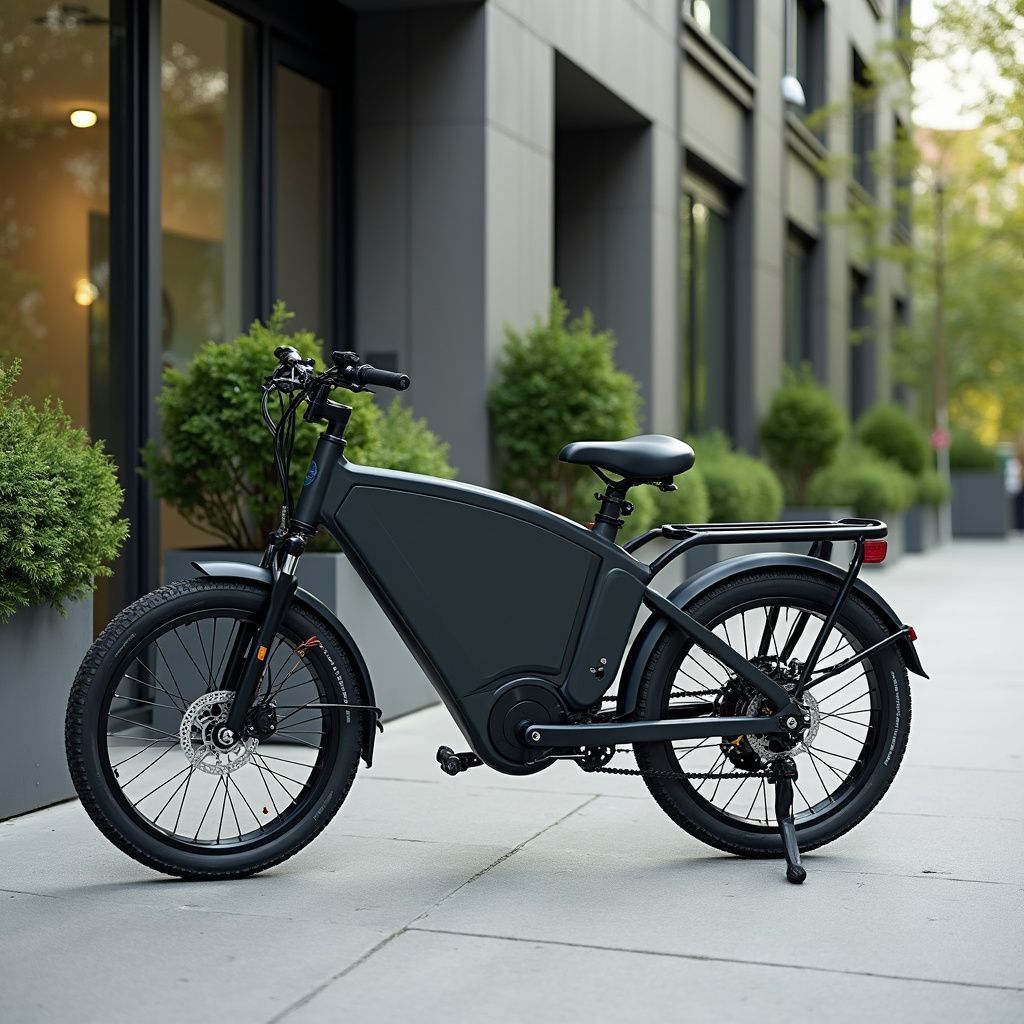 Vélo électrique noir garé sur un trottoir devant un bâtiment moderne.