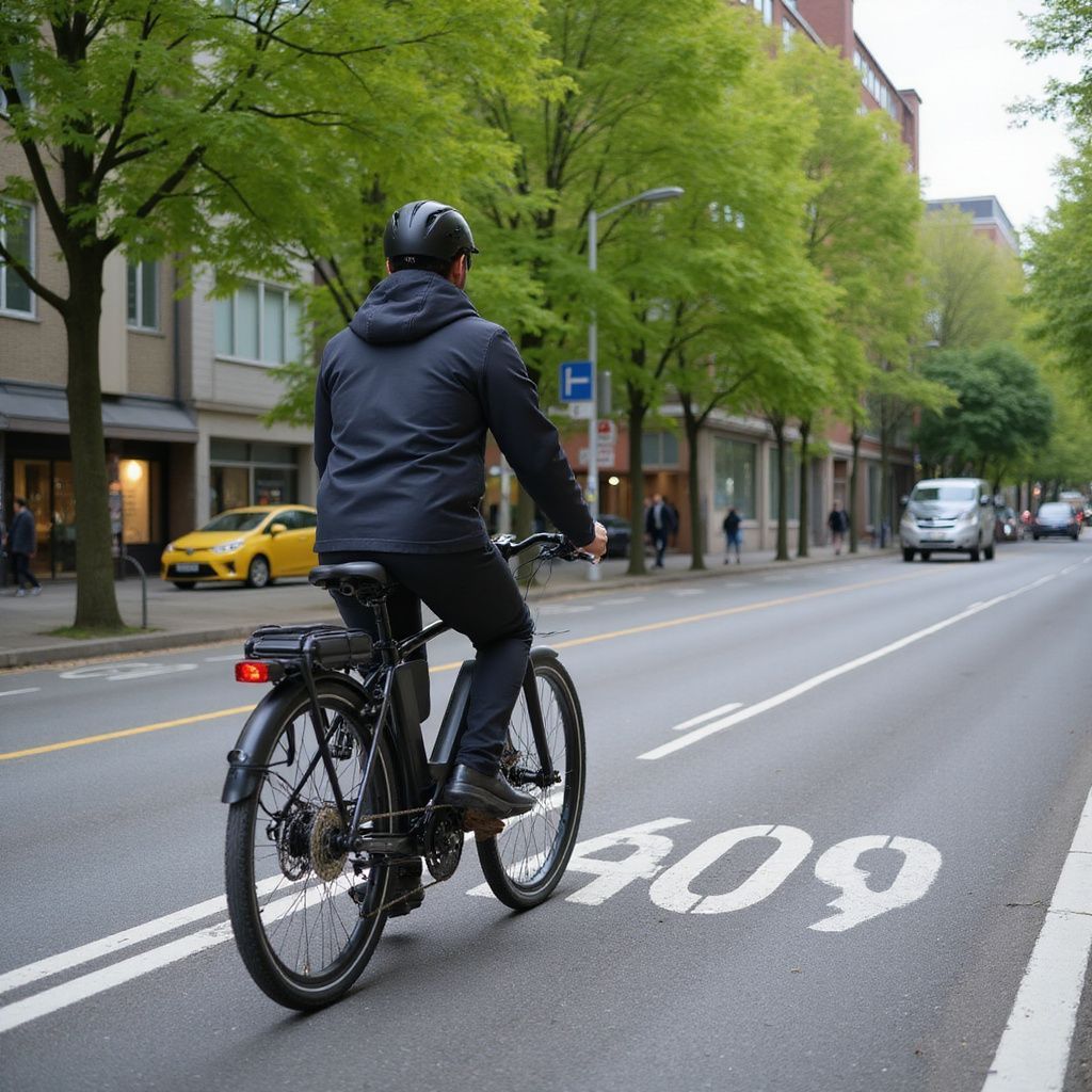 Un homme à vélo descend une rue de la ville. Il porte un casque et une veste sombre. Des arbres verts bordent la route.