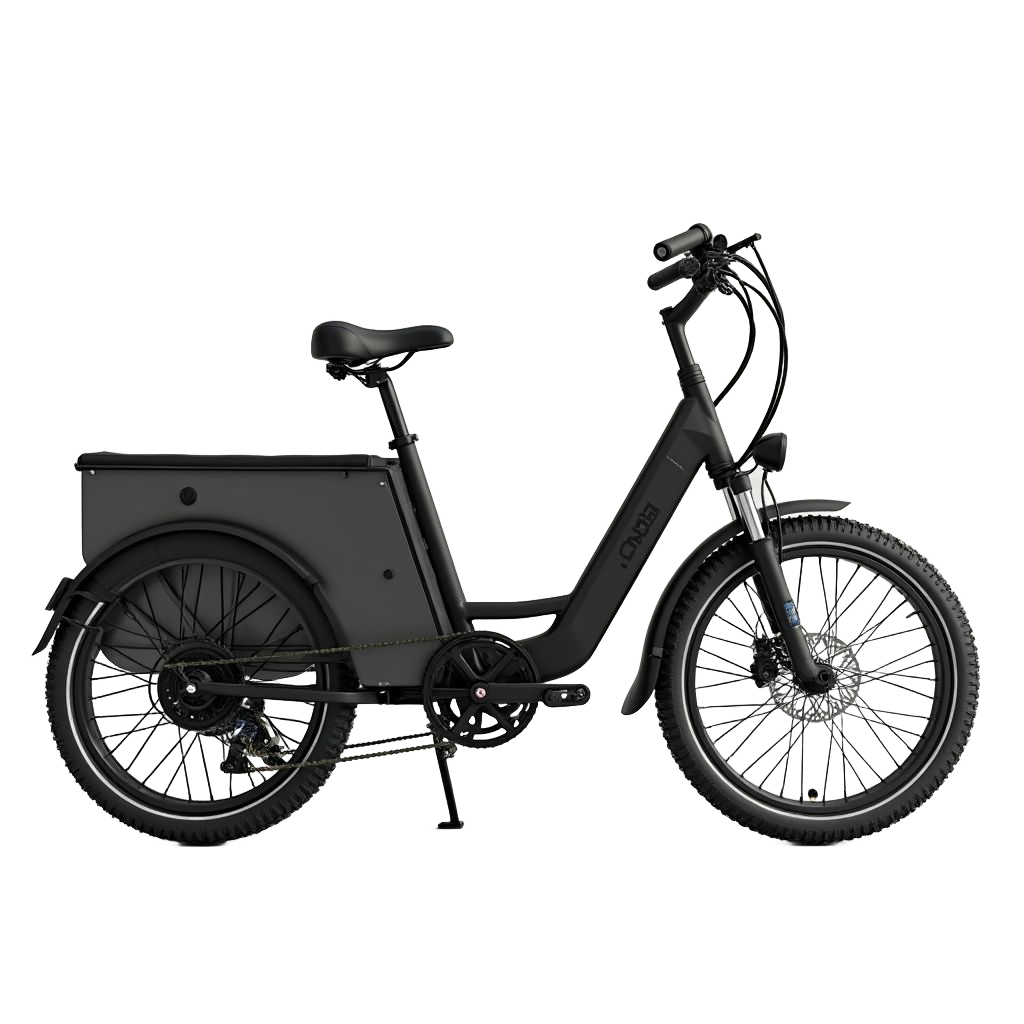 Tricycle cargo électrique noir sur fond blanc.