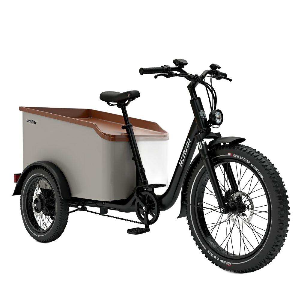 Vélo cargo électrique noir avec un coffre de chargement beige et bois et de gros pneus.