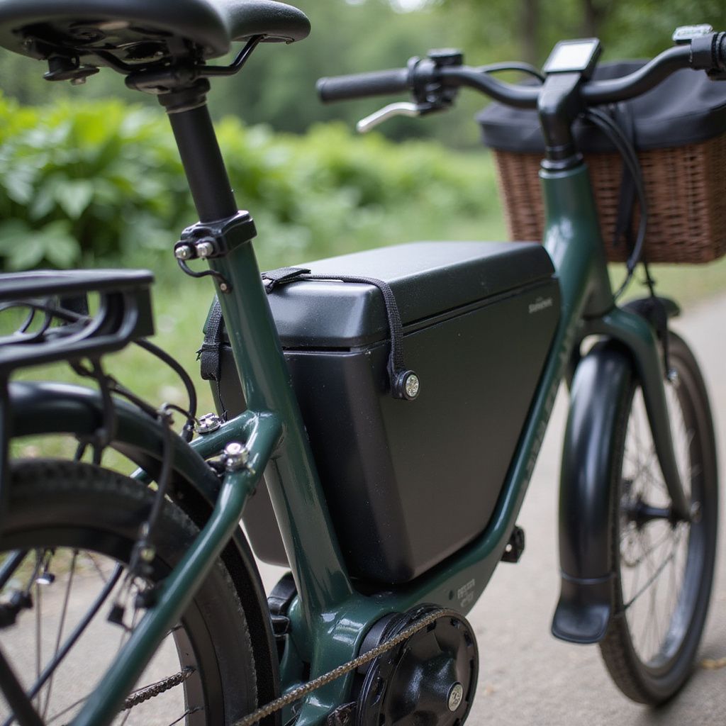 Vélo électrique vert avec batterie noire, panier et porte-bagages arrière, sur un chemin.