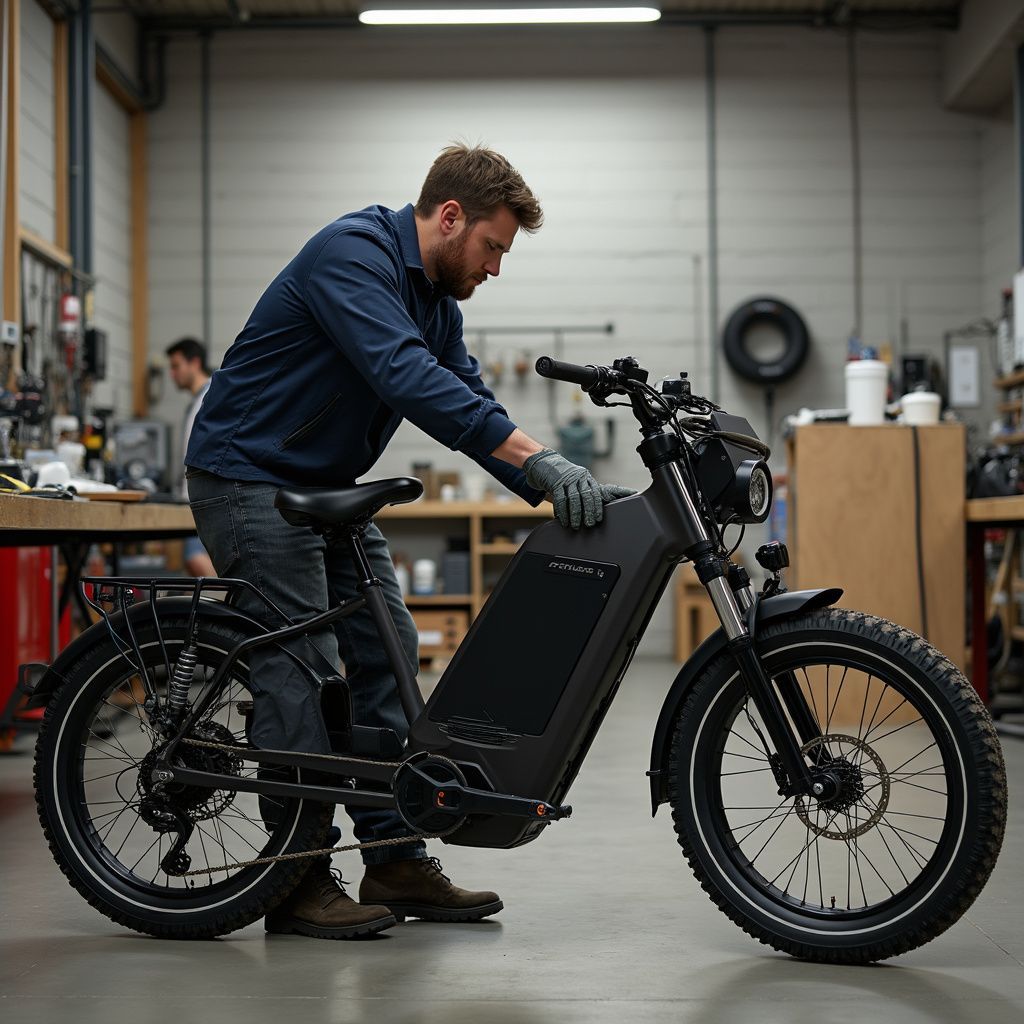 Un homme inspecte un vélo électrique dans un atelier, portant des gants.