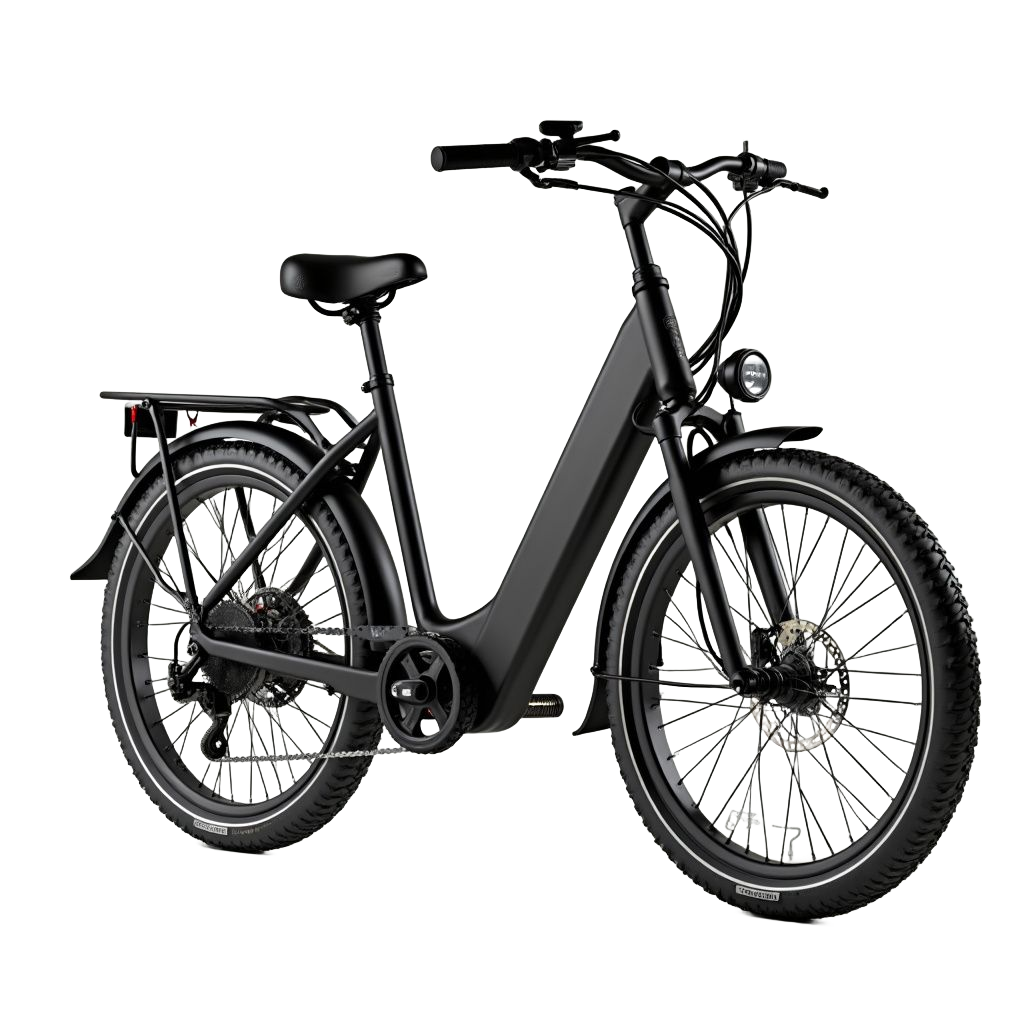 Vélo électrique noir avec garde-boue, porte-bagages et phare.