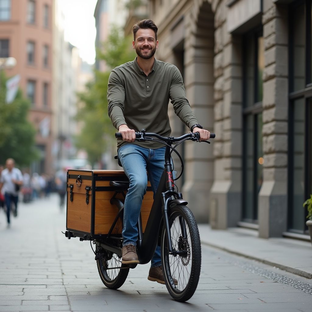 Un homme conduit un vélo cargo électrique noir dans une rue pavée. Il sourit, vêtu d'une chemise verte et d'un jean.