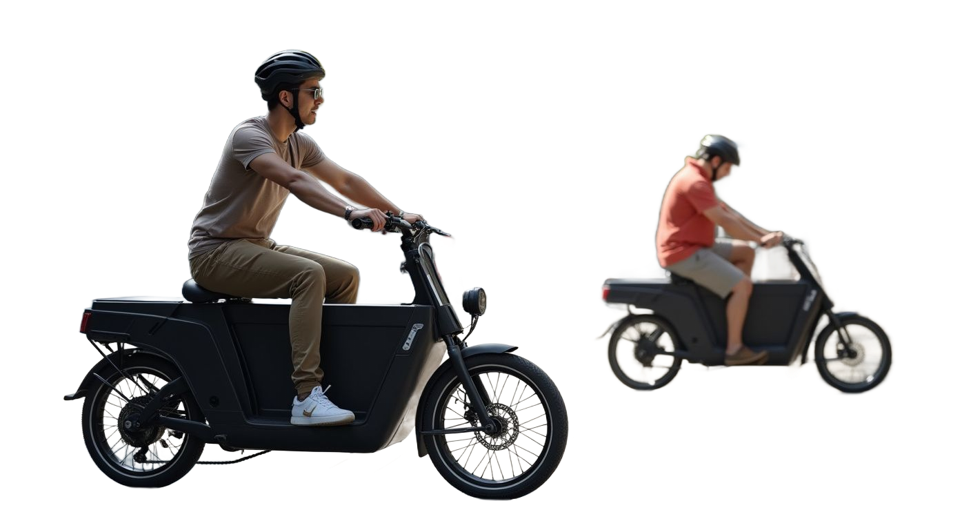 Deux personnes conduisant des vélos cargo électriques noirs, fond blanc.