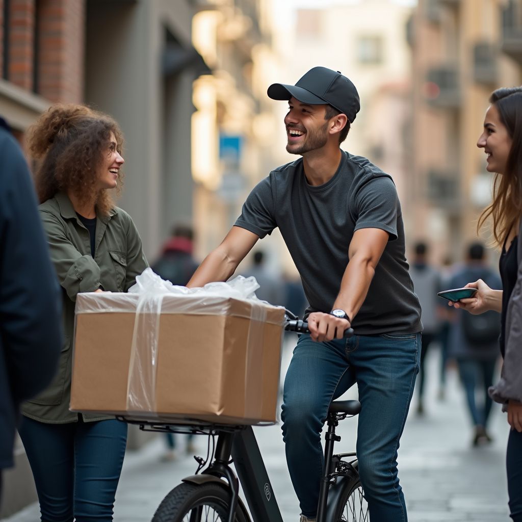 Un livreur à vélo sourit et remet un colis à deux femmes dans une rue de la ville.