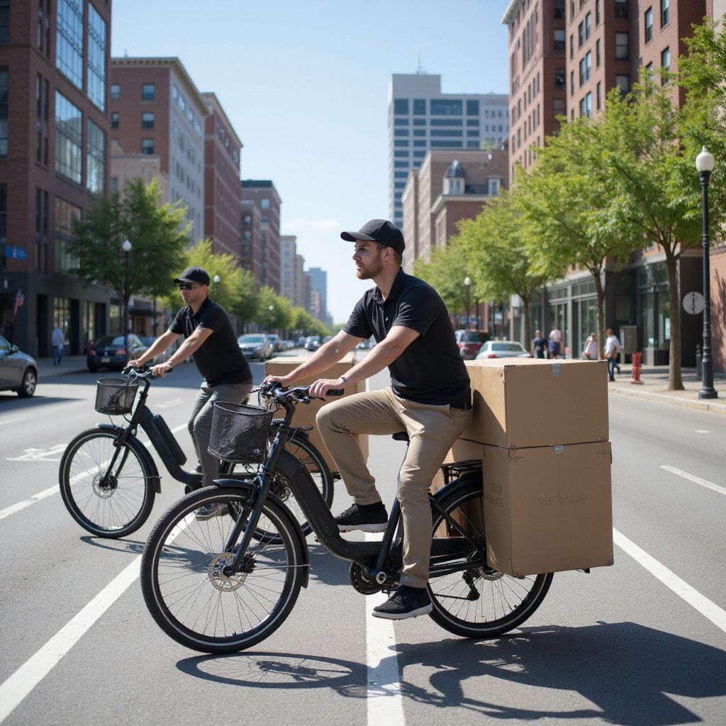 Deux livreurs à vélo dans une rue, l'un portant des cartons. Journée ensoleillée.