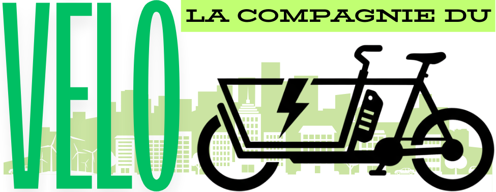 Texte vert « VELO » avec silhouette de vélo cargo contenant un éclair et une batterie. « LA COMPAGNIE DU » au-dessus du vélo.