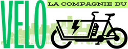 Texte vert « VELO » avec silhouette de vélo cargo contenant un éclair et une batterie. « LA COMPAGNIE DU » au-dessus du vélo.
