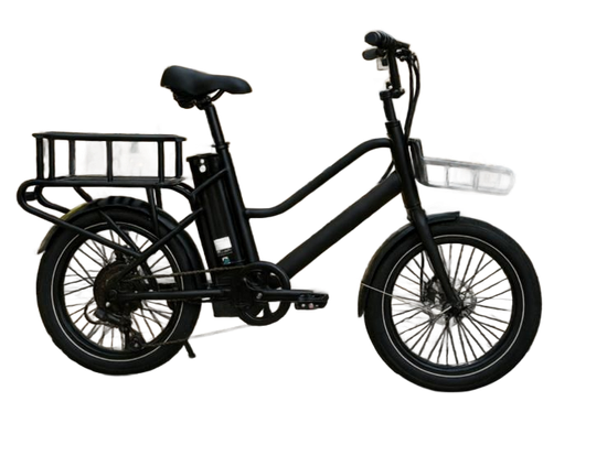 Tricycle cargo électrique noir avec une boîte, garé à l'extérieur.