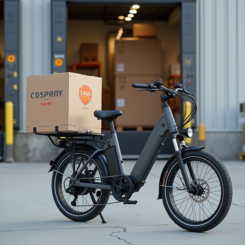 Vélo cargo électrique noir avec une boîte de livraison garé devant un entrepôt.