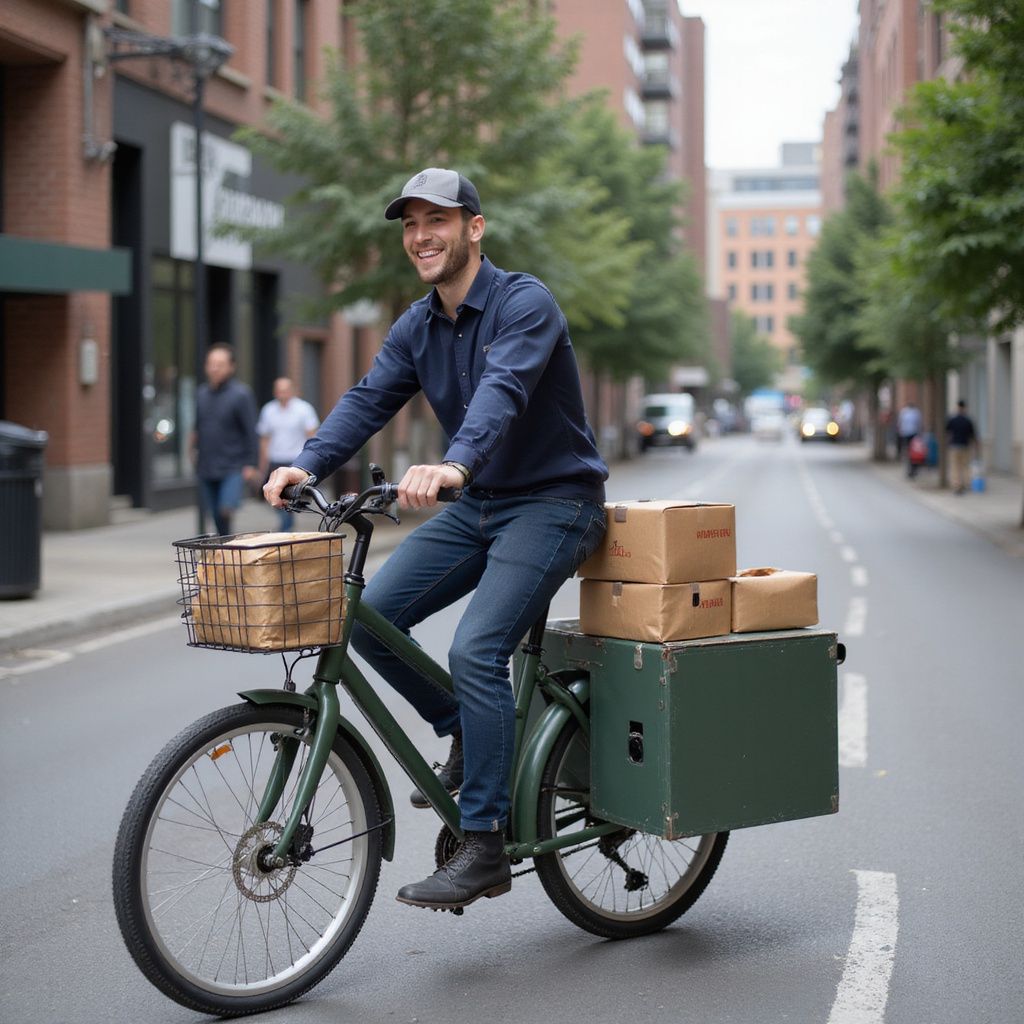 Un homme sourit en conduisant un vélo cargo pour livrer des colis dans la rue de la ville.