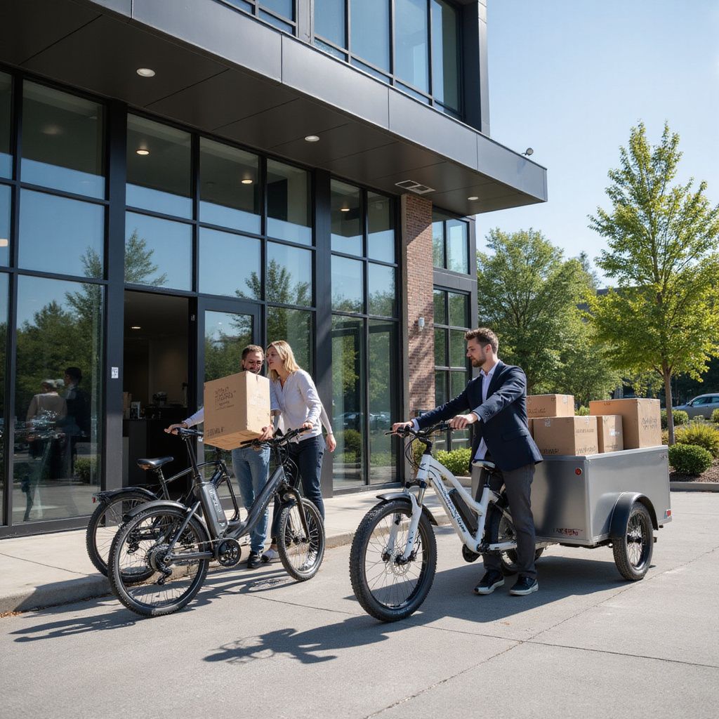 Trois personnes avec des vélos électriques livrant des colis depuis un immeuble de bureaux ; un vélo tirant une remorque.