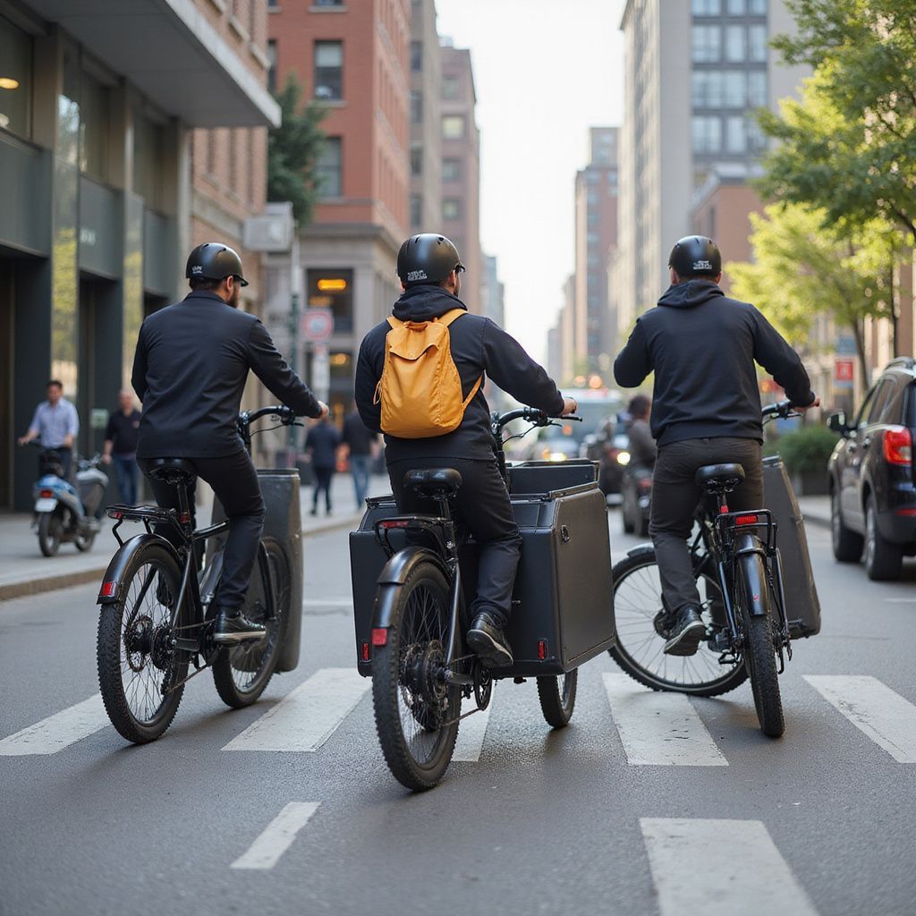 Trois personnes sur des vélos cargo électriques dans une rue de la ville, l'une avec un sac à dos jaune et toutes portant des casques.