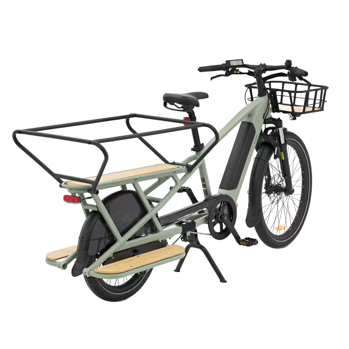 Vélo cargo électrique noir avec une boîte à l'avant, garé sur un fond blanc.