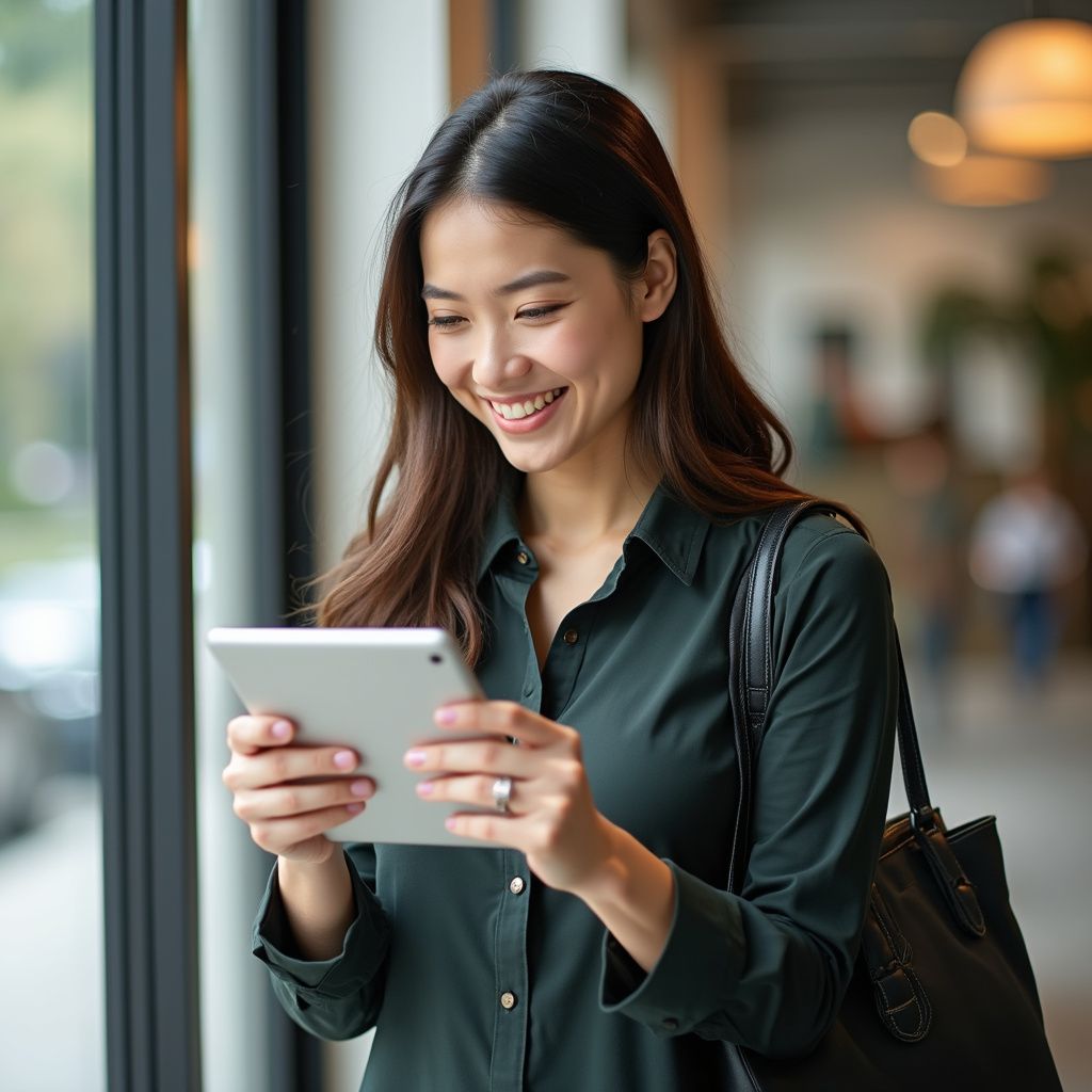 Femme souriant à une tablette, portant une chemise verte et tenant un sac, debout près d'une fenêtre.