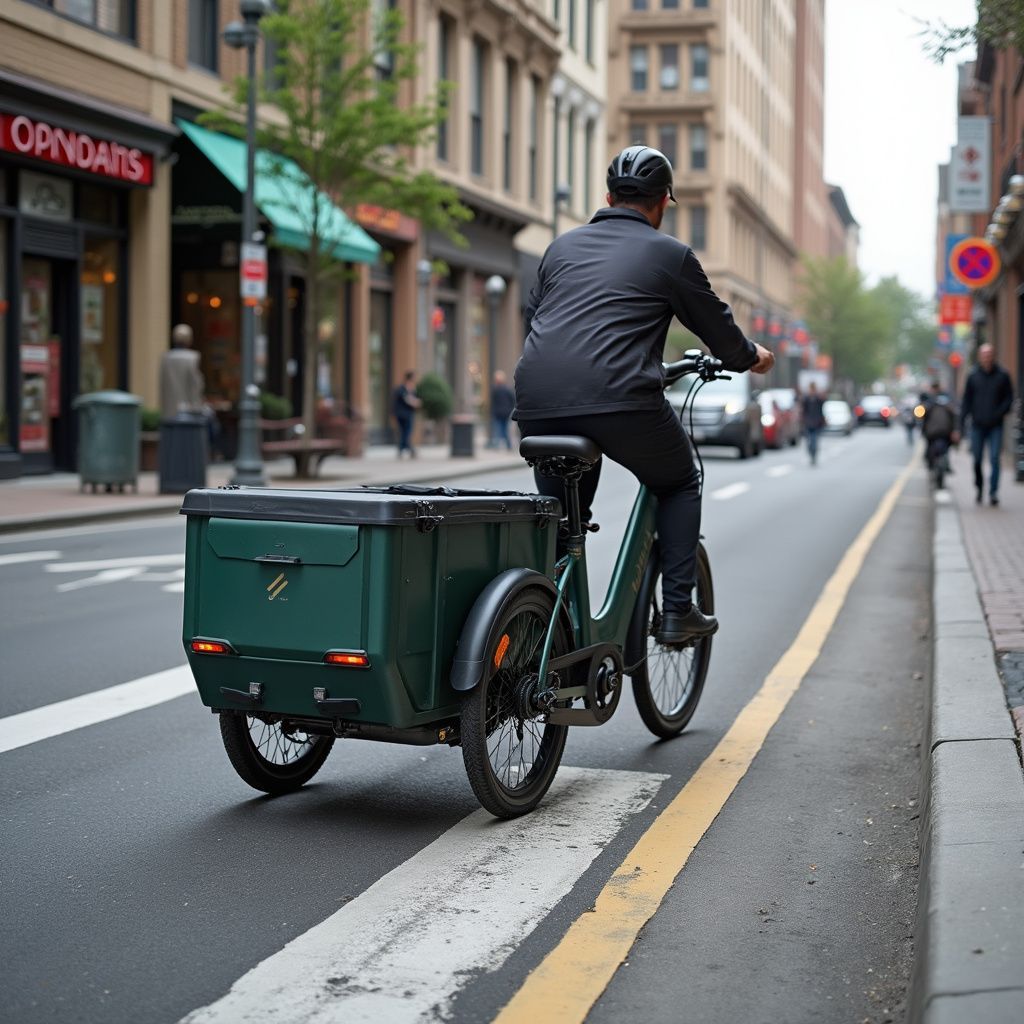 Une personne conduit un vélo cargo électrique vert dans une rue de la ville, passant devant des magasins et des piétons.