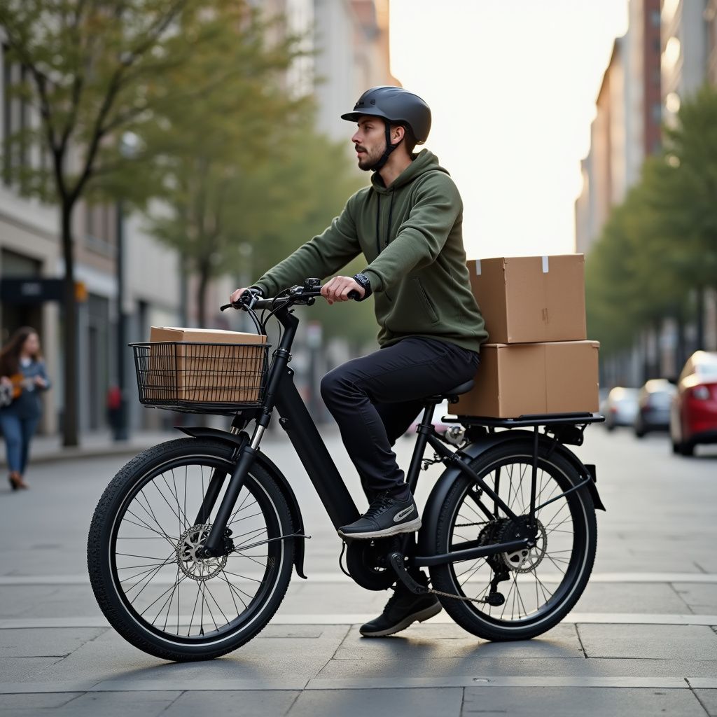 Un homme sur un vélo électrique noir livre des colis en ville. Il porte un casque et un sweat à capuche vert.