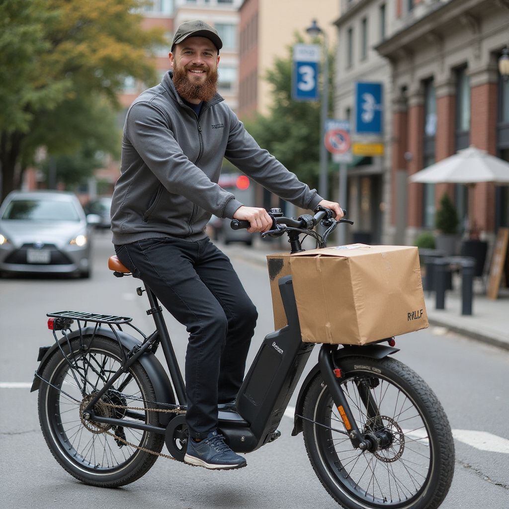 Un homme sur un vélo électrique sourit et livre un colis. Rue de la ville en arrière-plan.