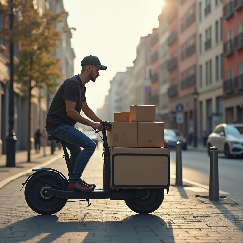 Un homme sur un scooter électrique livre des colis dans une rue de la ville.