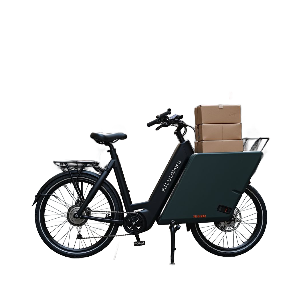 Vélo cargo électrique noir avec boîtes en carton à l'arrière, rangement latéral, sur fond blanc.