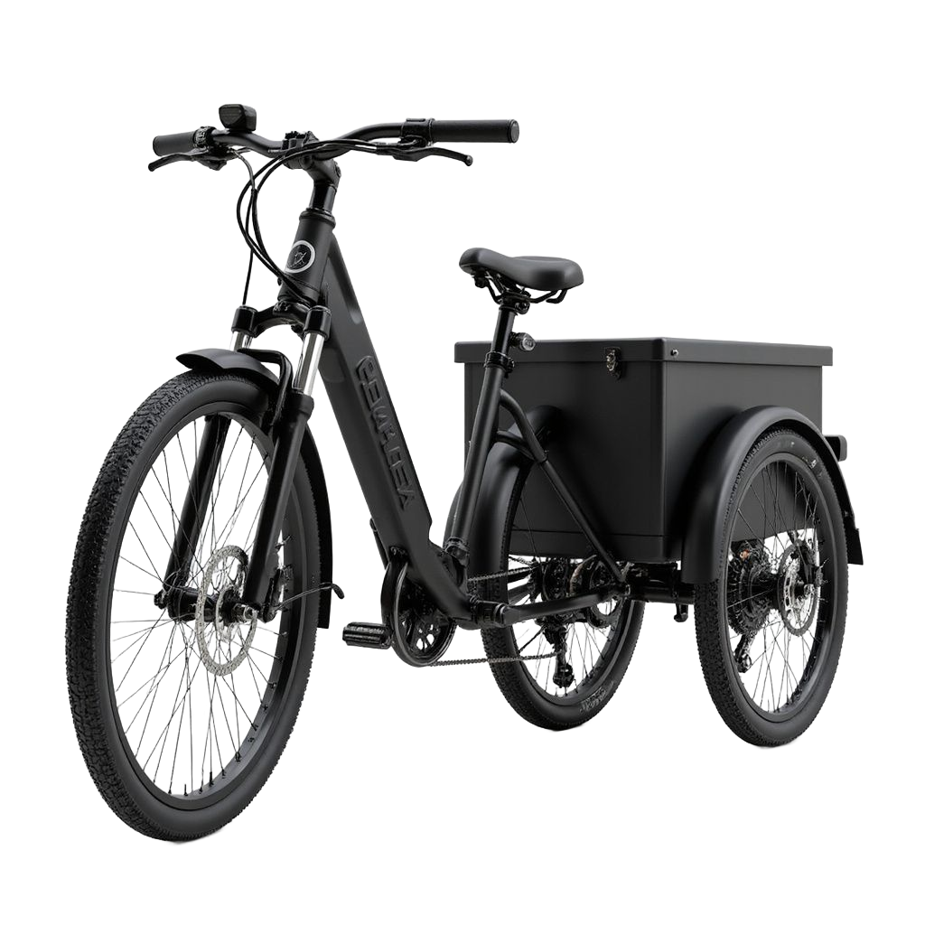 Tricycle cargo électrique noir avec une boîte, sur fond blanc.