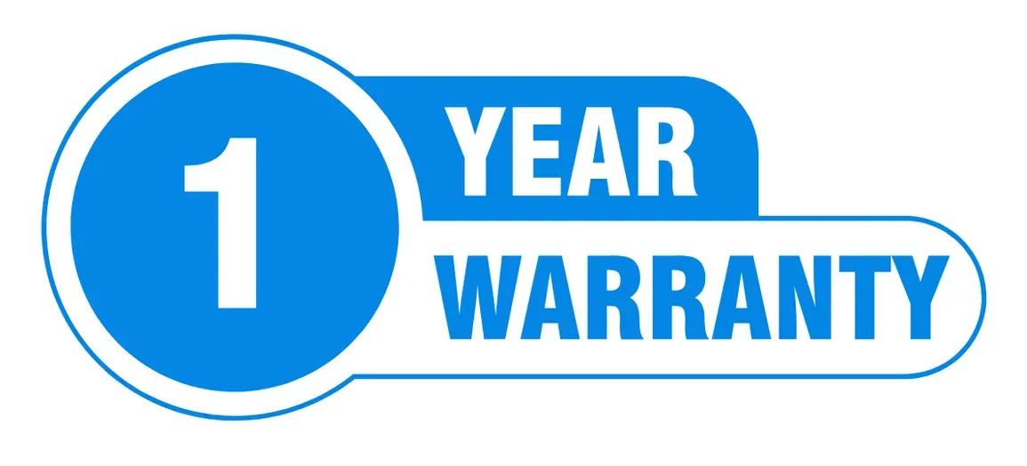 A blue and white sign that says 1 year warranty