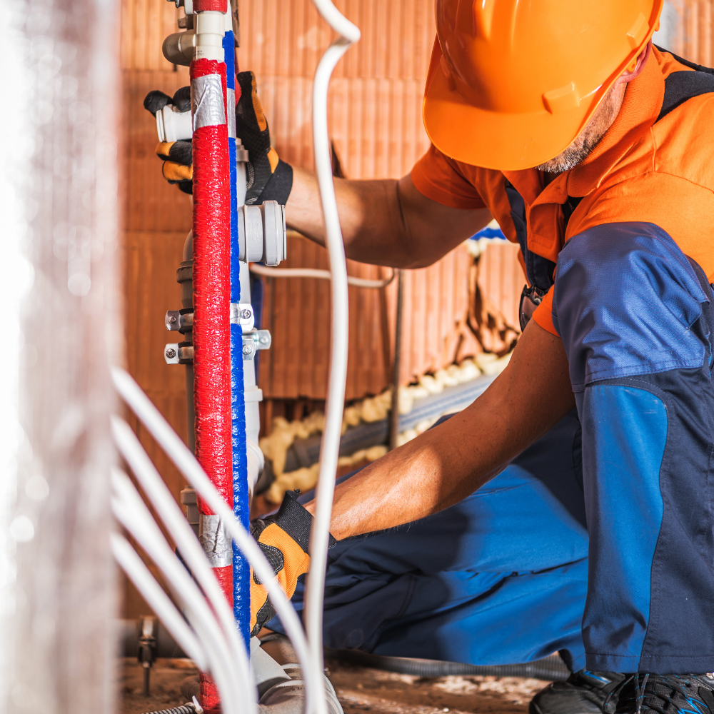 A man wearing an orange hard hat is working on a pipe