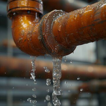 Leaking copper pipe, water dripping from a faulty joint. Rusty color with drops forming a stream.