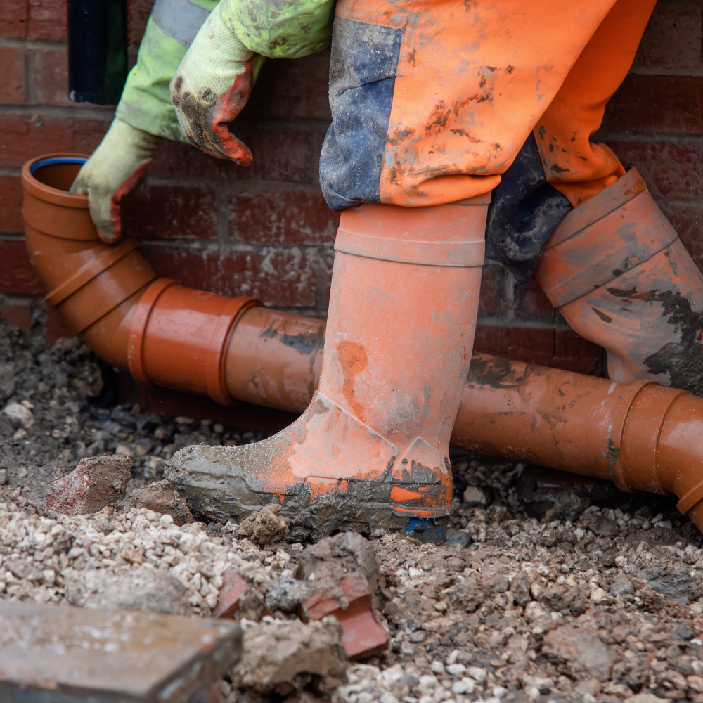 A person wearing orange boots is standing next to a pipe