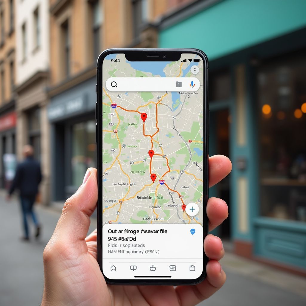 Person holding a phone with a map app showing a route and red markers outdoors on a street.