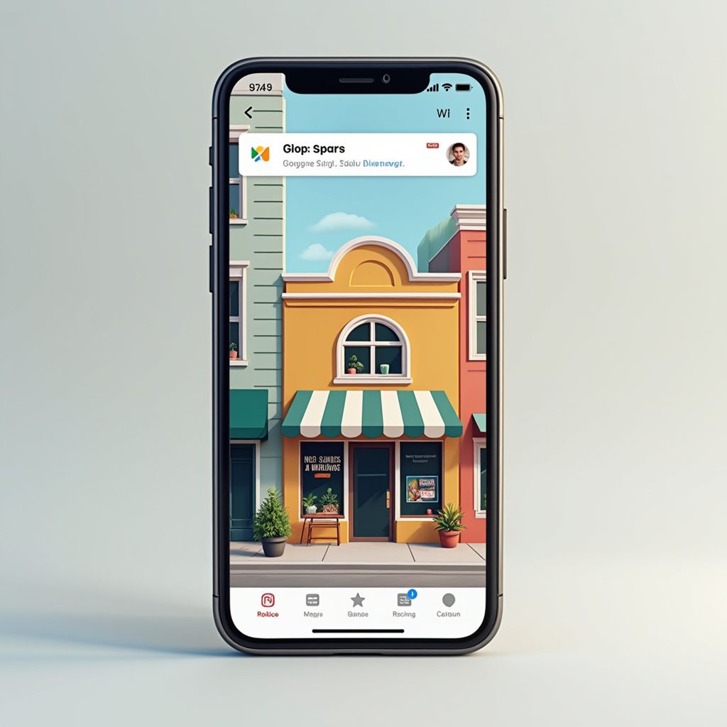 Smartphone displays a shopping app with a cartoon storefront illustration.