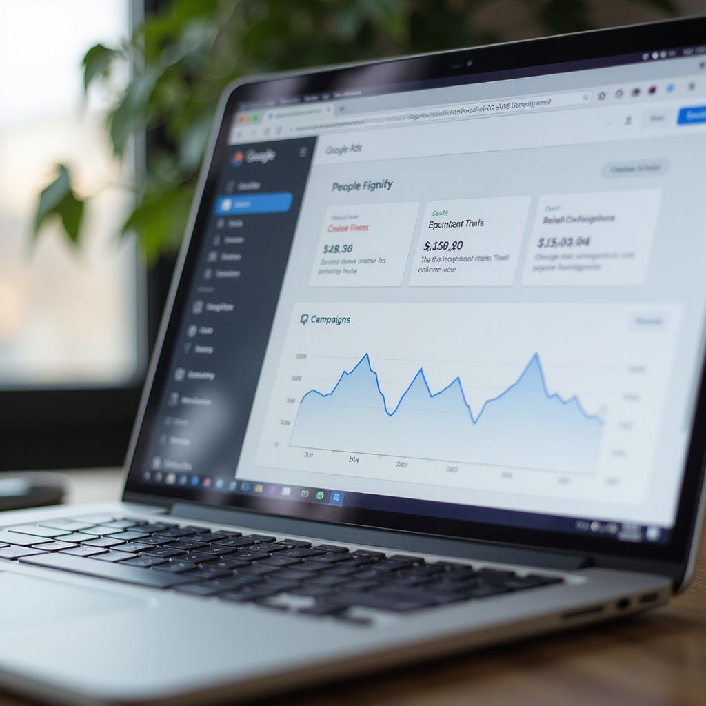 Laptop displaying Google Ads dashboard with financial charts and data.