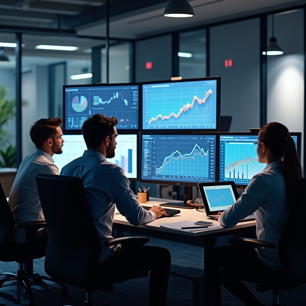 Three people in an office monitor stock charts on multiple computer screens.