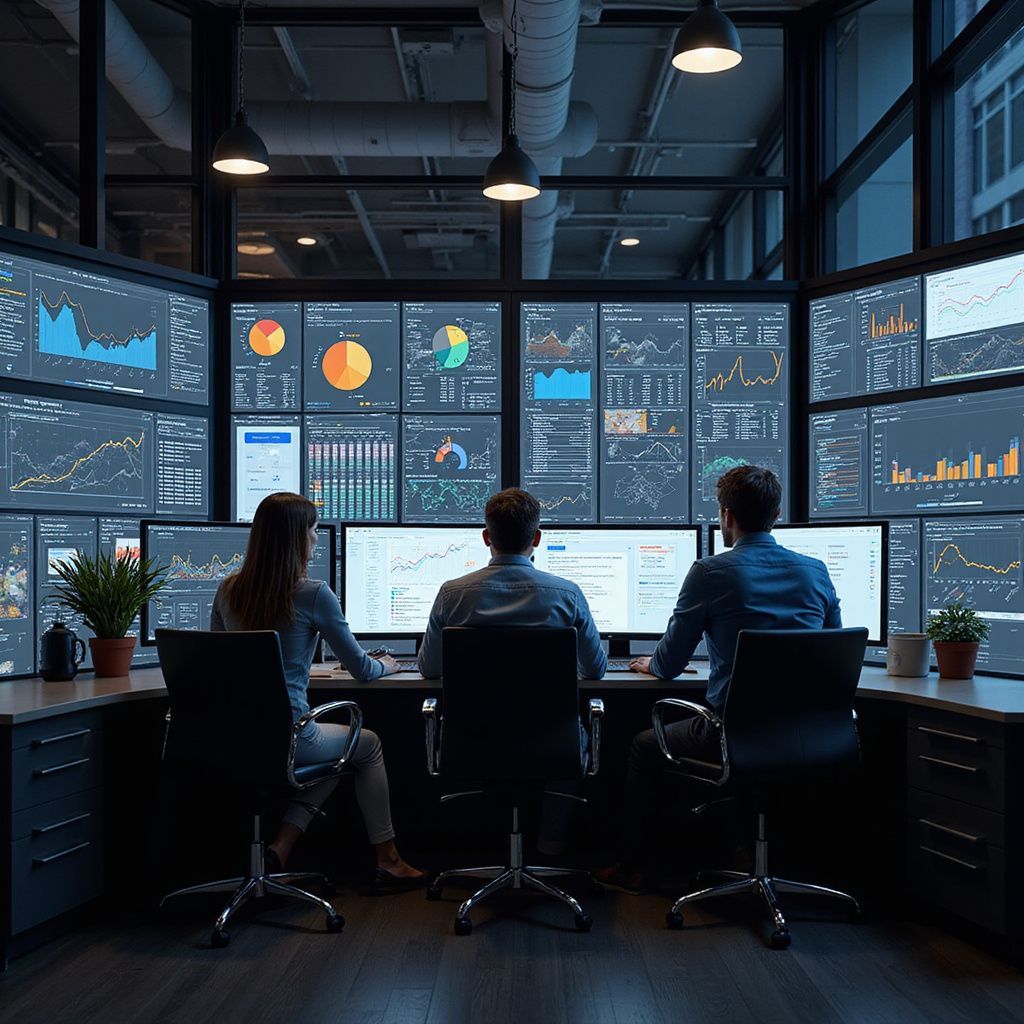 Three people in a dark office analyzing data on multiple computer screens, a business setting.