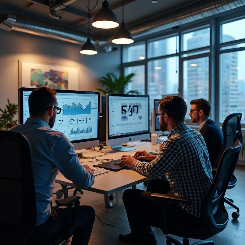 Three men work on computers in a modern office, analyzing data with a cityscape backdrop.