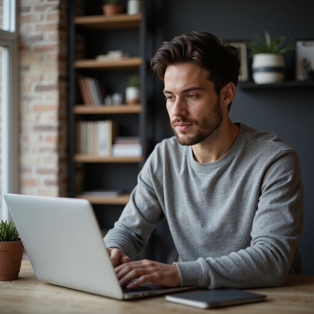 Man in gray shirt working on a laptop at a desk in a home office.