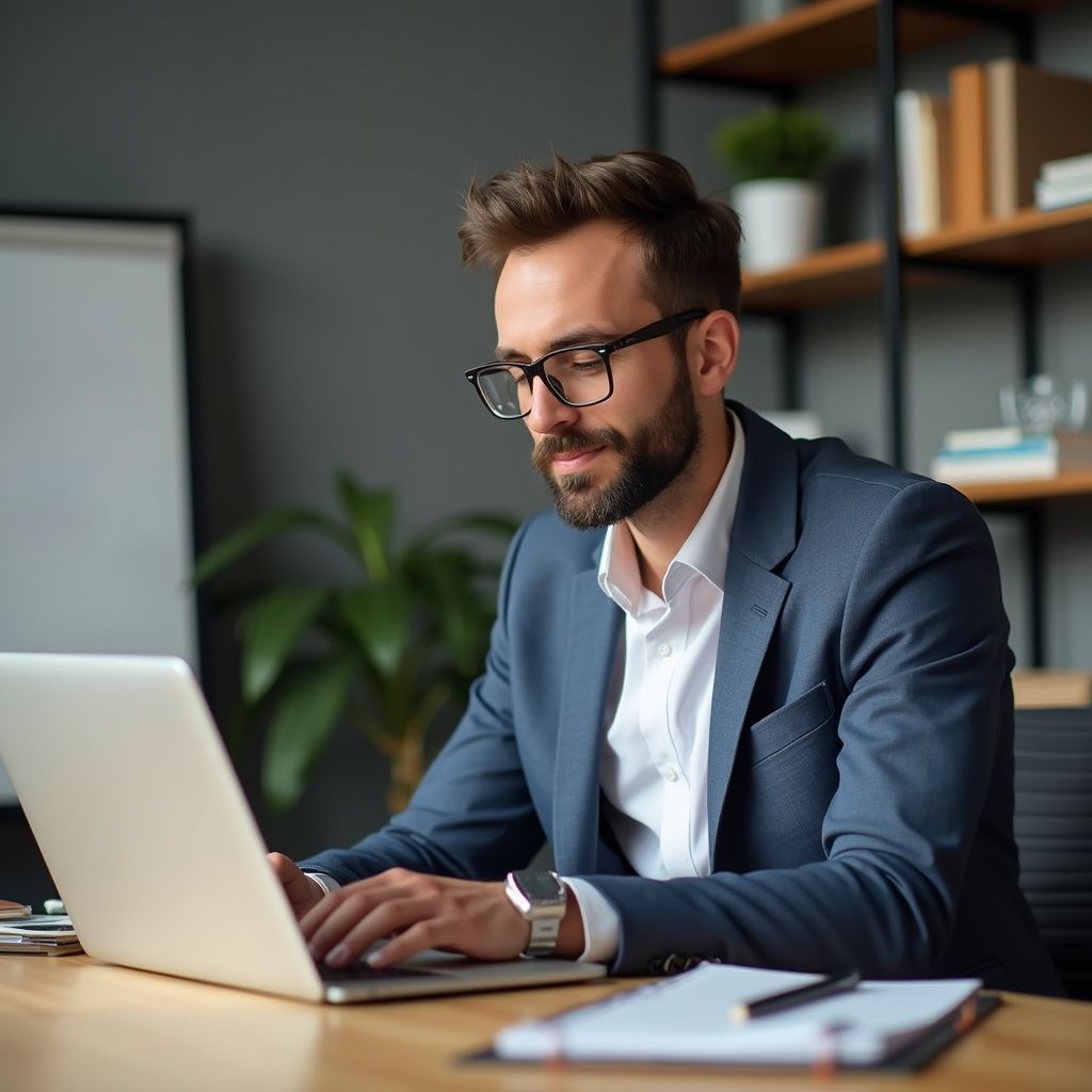 Man in glasses and suit working on laptop at a desk.
