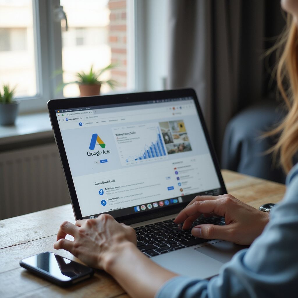 Woman using a laptop showing Google Ads dashboard, hands typing, phone beside it, in front of a window.