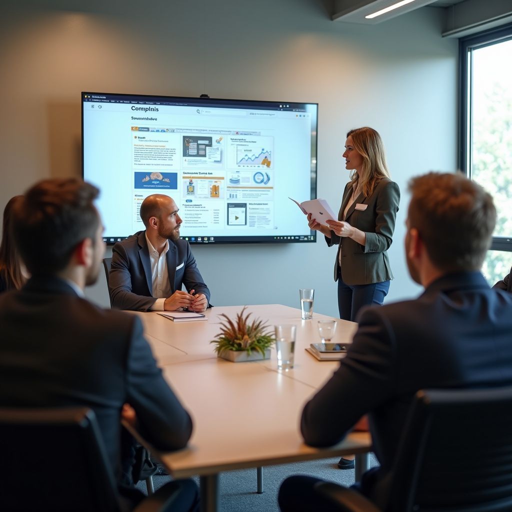 A woman presents to colleagues in a conference room. A screen displays a website.